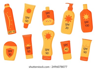Set of sunscreen bottles with various SPF levels. Oil, balm, spray, lotion, cream in various tubes. Protection from the sun. Cute simple modern elements. Ideal for skincare product advertising.