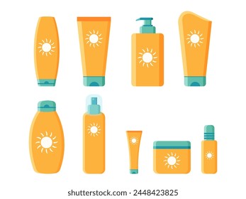 Set of sunscreen bottles of various types and sizes. Sun protection and safety. Summer cosmetics.