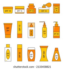 Conjunto de botellas de crema de protección solar. Diferentes productos cosméticos de cuidado de la piel, protección de verano loción de bloqueo solar SPF, frasco, pulverización aislada sobre fondo blanco. Dibujo de estilo plano brillante vector lineal