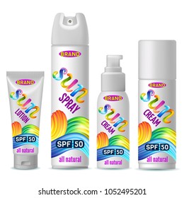 Set of sunscreen, cream, lotion, gel, balsam and spray. Protection from the sun. Lettering calligraphy font with brushstroke oil or acrylic paint. 3d realistic vector illustration.