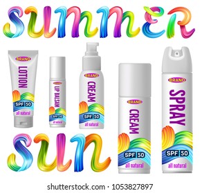 Set of sunscreen, cream, lotion, gel, balsam and spray. Protection from the sun. Lettering calligraphy font with brushstroke oil or acrylic paint. 3d realistic vector illustration.