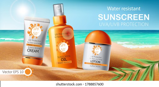 Set of sunscreen cream, lotion and oil. UVA UVB protection. Water resistant. Realistic. Sea shore and leaves background. Vector