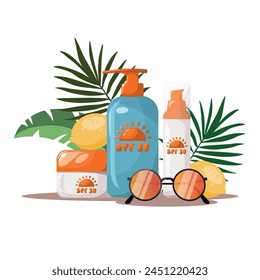 Set of sunscreen cream with spf. Collection of cosmetic bottles and tubes for skin protection. Hand drawn vector summer sunblock collection. Tropical leaves background