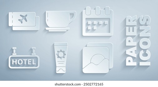 Set Sunscreen cream in tube, Calendar, Signboard with text Hotel, Photo, Coffee cup and Airline ticket icon. Vector