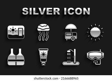 Set Sunscreen cream in tube, Diving mask, Beach shower, Life jacket, Fast street food cart, Travel postcard and Jellyfish icon. Vector