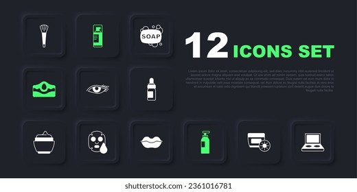 Set Sunscreen cream in tube, Eye shadow palette with brush, Woman eye, Bottle of shampoo, Acne, Facial cosmetic mask, Shaving gel foam and Smiling lips icon. Vector
