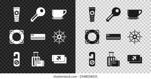 Set Sunscreen cream in tube, Key, Coffee cup, Please do not disturb, Suitcase, Airline ticket, Lifebuoy and conditioner icon. Vector