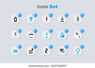 Set Sunscreen cream in tube, Cream or lotion cosmetic, Perfume, Makeup powder with mirror, Round makeup, Pipette oil, Bottle of shampoo and Tube hand icon. Vector