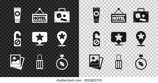 Set Sunscreen cream in tube, Signboard with text Hotel, Suitcase, Photo, Compass, Please do not disturb and Map pointer star icon. Vector