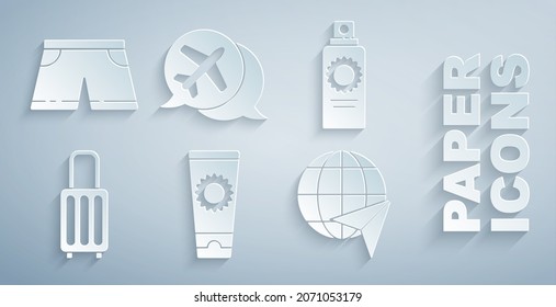 Set Sunscreen cream in tube, spray bottle, Suitcase, Globe with flying plane, Speech bubble airplane and Swimming trunks icon. Vector