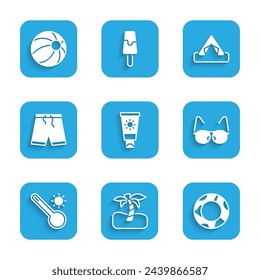 Set Sunscreen cream in tube, Tropical palm tree, Rubber swimming ring, Glasses, Meteorology thermometer, Swimming trunks, Tourist tent and Beach ball icon. Vector