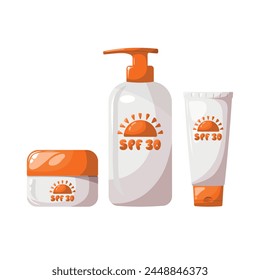 Conjunto de cremas de protección solar en varios tubos y botellas, diferentes envases. Colección cosmética protectora Uv. Diseño de concepto de Spf. colección aislada por Vector