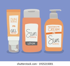 set of sunscreen gel,cream and lotion for skin care vector illustration design