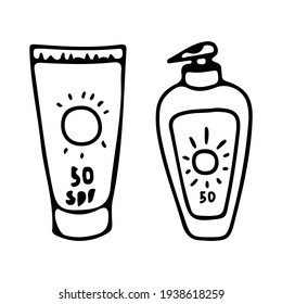 Mit Sonnencreme und Lotion. SPF Kosmetika für die Gesichts- und Körperpflege im Sommer. Vektorgrafik handgezeichnet in Rahmenstil-Doodle.