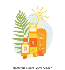 Set of sunscreen product with palm leaf and abstract shape. SPF protection and sun safety concept. SPF sunblock summer products lotion, cream, spray.  Hand drawn vector illustration 