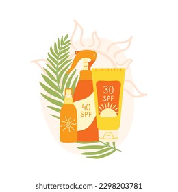 Set of sunscreen product with palm leaf and abstract shape. SPF protection and sun safety concept. SPF sunblock summer products lotion, cream, spray.  Hand drawn vector illustration 