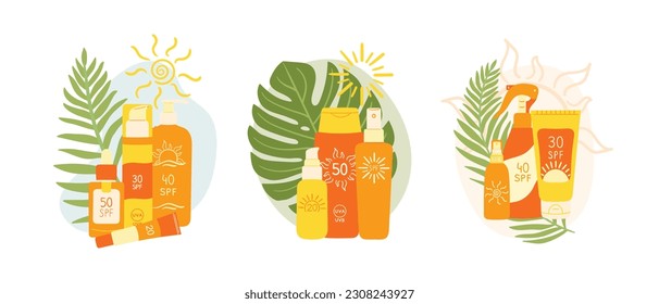 Set of sunscreen product with palm leaf and abstract shape. SPF protection and sun safety concept. SPF sunblock summer products lotion, cream, spray.  Hand drawn vector illustration 