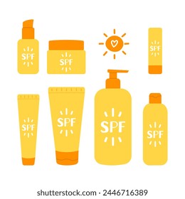 Conjunto de productos de protección solar de Vector plano aislado ilustración. Varios cosméticos para la protección solar. Cute simple colección de Elementos de diseño modernos. Botella, tarro, tubo, palo de loción, crema, aceite, bálsamo