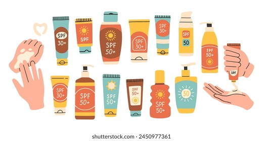 Set of sunscreen products isolated. SPF protection and sun safety concept. SPF summer products lotion, cream, spray. 