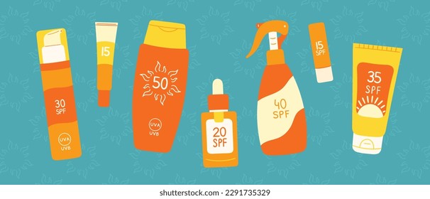 Set of sunscreen products on turquoise background. SPF protection and sun safety concept. SPF sunblock summer products lotion, cream, spray, stick.  Hand drawn vector illustration 