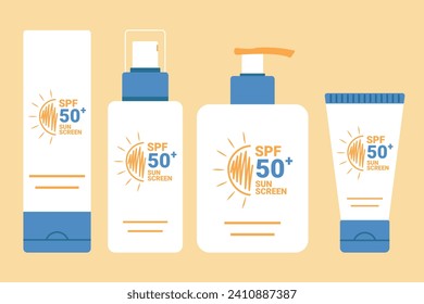 Set of sunscreen products. SPF summer skincare product design. SPF 50 cream, spray, lotion, milk. Vector illustration