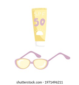 Set sunscreen with spf 50 and sunglasses. Isolated on white background. Summer, beach, tropical, holidays, vacations, Self care, skin, eyes protection, anticancer. Vector illustration.