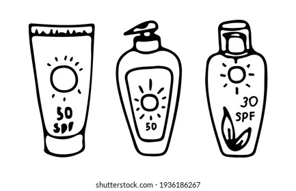 A set of sunscreen SPF cosmetics for summer face and body care.  Vector illustration hand drawn in outline style doodle.