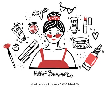 A set of sunscreen SPF cosmetics for summer face and body care. Vector illustration hand drawn in outline style doodle.