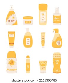 Set sunscreen with SPF. Illustration summer safety cosmetic in hand drawn style. Collection skin care ultraviolet radiation products: tube, spray, lotion. Vector