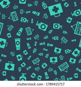 Set Sunscreen spray bottle, First aid kit, Sunscreen cream in tube and Signboard with text Hotel on seamless pattern. Vector