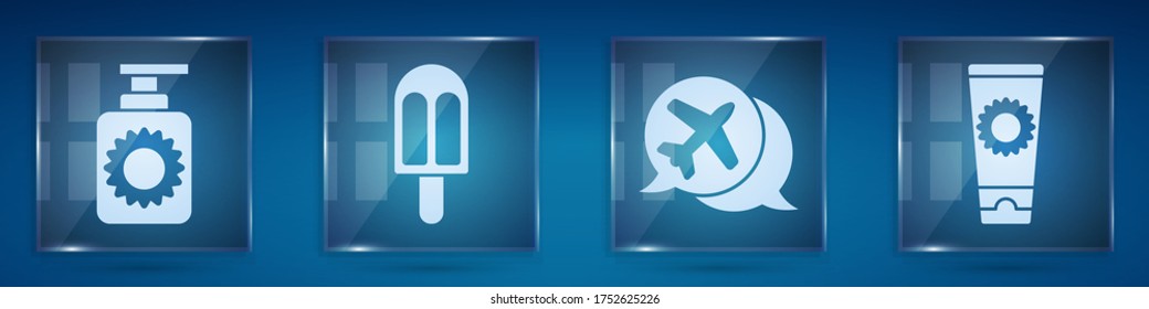Set Sunscreen spray bottle, Ice cream, Speech bubble with airplane and Sunscreen cream in tube. Square glass panels. Vector
