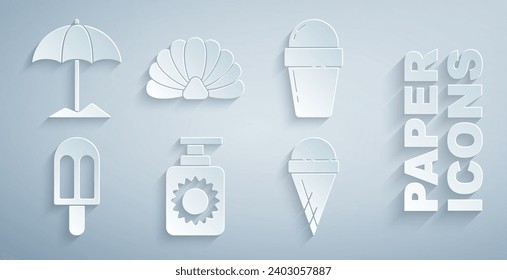Set Sunscreen spray bottle, Ice cream in waffle cone, Scallop sea shell and protective umbrella for beach icon. Vector