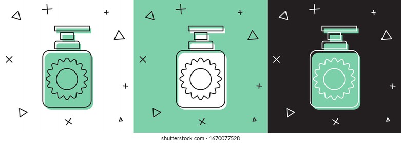 Set Sunscreen spray bottle icon isolated on white and green, black background. Protection for the skin from solar ultraviolet light.  Vector Illustration