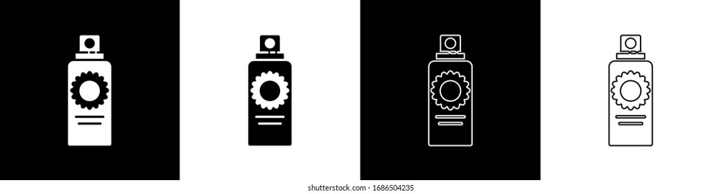 Set Sunscreen spray bottle icon isolated on black and white background. Protection for the skin from solar ultraviolet light.  Vector Illustration
