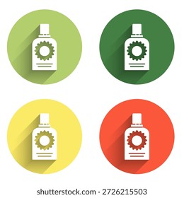 Conjunto de icono de botella de spray de protector solar aislado con fondo de sombra larga. Protección para la piel de la luz ultravioleta solar. Botón de círculo de color. Vector