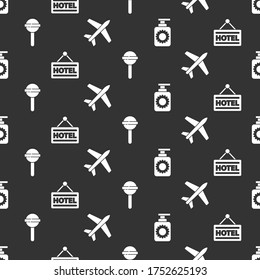 Set Sunscreen spray bottle, Signboard with text Hotel, Lollipop and Plane on seamless pattern. Vector