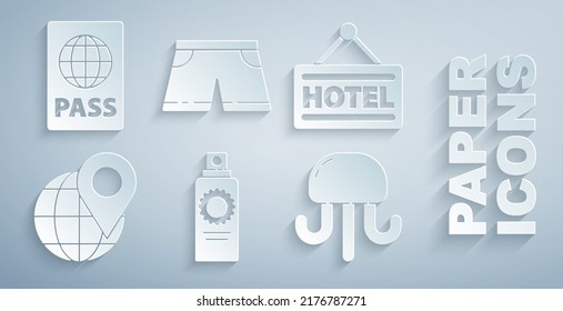 Set Sunscreen spray bottle, Signboard with text Hotel, Location on the globe, Jellyfish, Swimming trunks and Passport icon. Vector