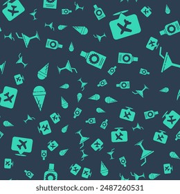 Set Sunscreen spray bottle, Speech bubble with airplane, Ice cream in waffle cone and Martini glass on seamless pattern. Vector