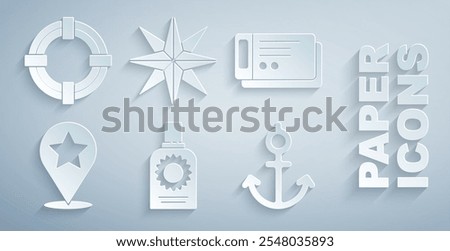 Set Sunscreen spray bottle, Travel ticket, Map pointer with star, Anchor, Wind rose and Lifebuoy icon. Vector