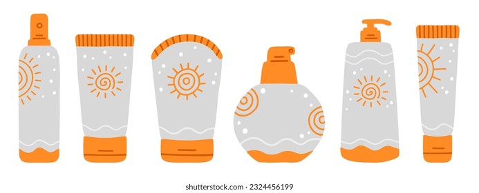 Set mit Sonnencreme und Spray. Einfache Vektorgrafik mit Sonnenblock.