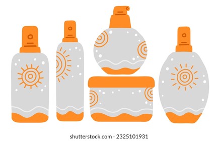 Set of sunscreen spray and cream. Simple vector illustrated sunblock tube.