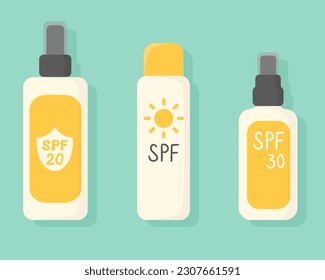 Set of sunscreen spray, sun protection, SPF products in flat style