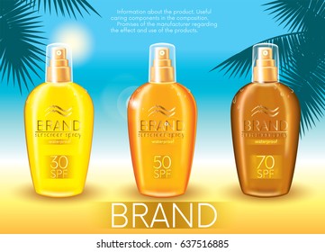 Set of sunscreen sprays and palm branches on a marine background. Vector illustration. Ready-made concept for packaging and advertising products for sunburn. Summer and rest. Beach.