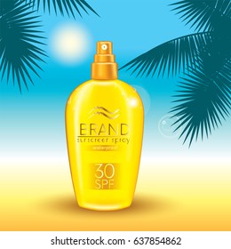 Set of sunscreen sprays and palm branches on a marine background. Vector illustration. Ready-made concept for packaging and advertising products for sunburn. Summer and rest. Beach.