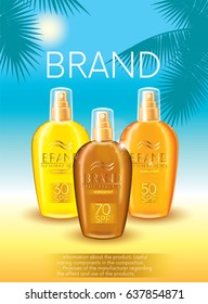 Set of sunscreen sprays and palm branches on a marine background. Vector illustration. Ready-made concept for packaging and advertising products for sunburn. Summer and rest. Beach.