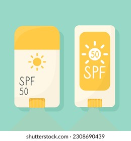 Set of sunscreen sticks, sun protection product in a stick, SPF cream in flat style