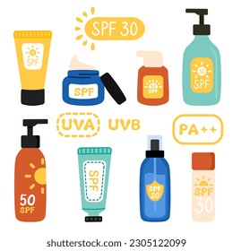 Set of sunscreen, sun protection products in flat style. Cream, tubes, bottles and spray with SPF. Set of UVA, UVB, PA, SPF icons.