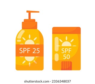 Set of sunscreens concept. Cream and suntan, ultraviolet protection. Skincare and beauty. Cosmetic product. Poster or banner for website. Cartoon flat vector collection isolated on white background