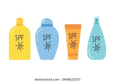 A set of sunscreens, in different tubes, jars, bottle in a cartoon style. Sun protection products flat vector illustration, eps 10