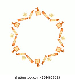 Conjunto de protectores solares. Marco, Anuncio, fondo con espacio para texto. Cuidado y protección de la piel. Tubos de crema. Use cosméticos de protección solar. Hidrata y protege la piel. Temporada de verano, vacaciones, viajes.